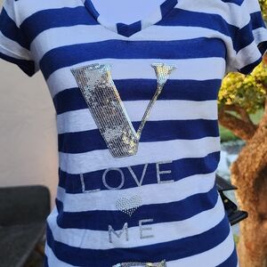 Victoria's Secret Blue and White Striped Tee with Silver Sequin